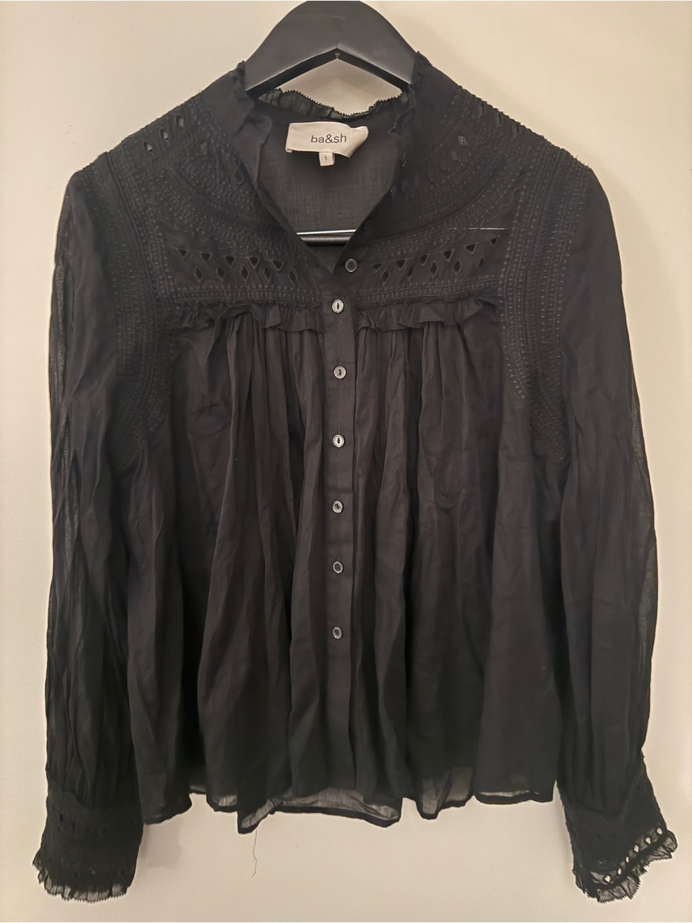 ba&sh Black Embroidered Lace Cotton Blouse Romantic Boho Size 1 S/M